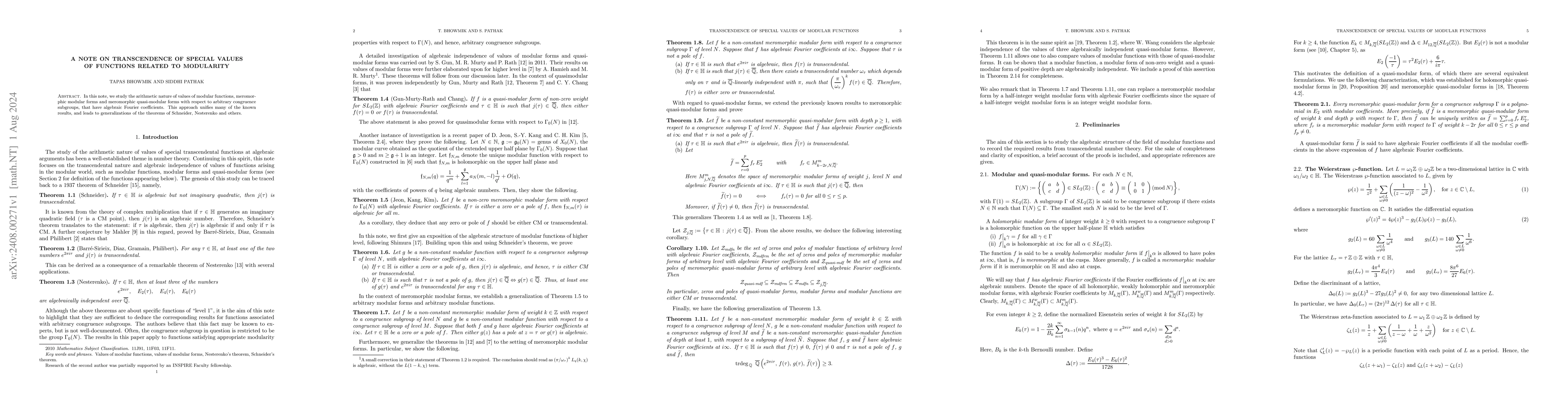 Thumbnail for A note on transcendence of special values of functions related to
  modularity