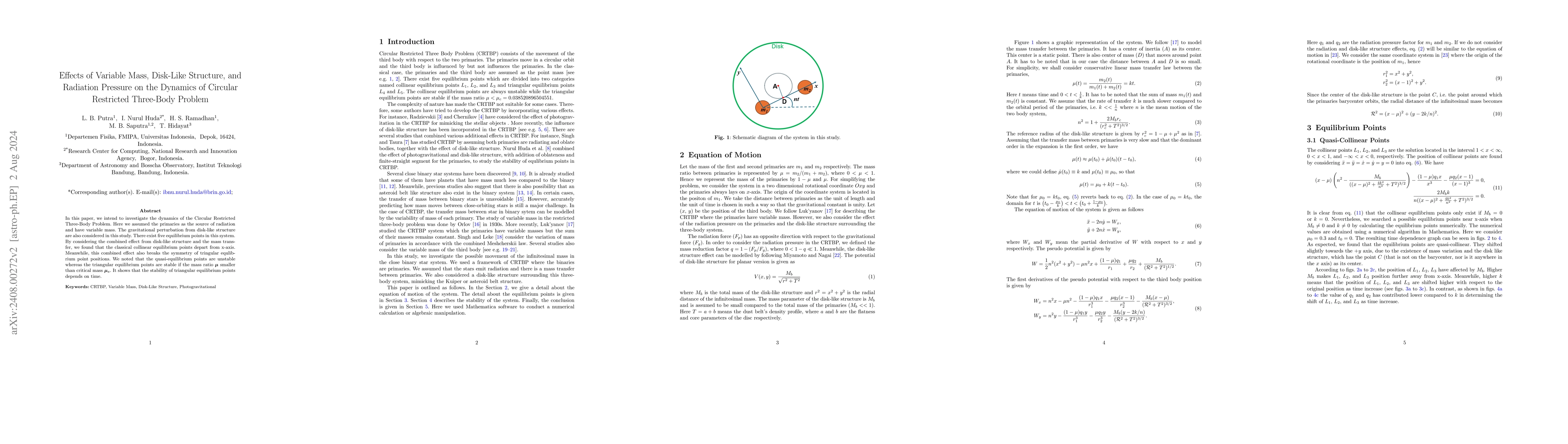 Thumbnail for Effects of Variable Mass, Disk-Like Structure, and Radiation Pressure on
  the Dynamics of Circular Restricted Three-Body Problem