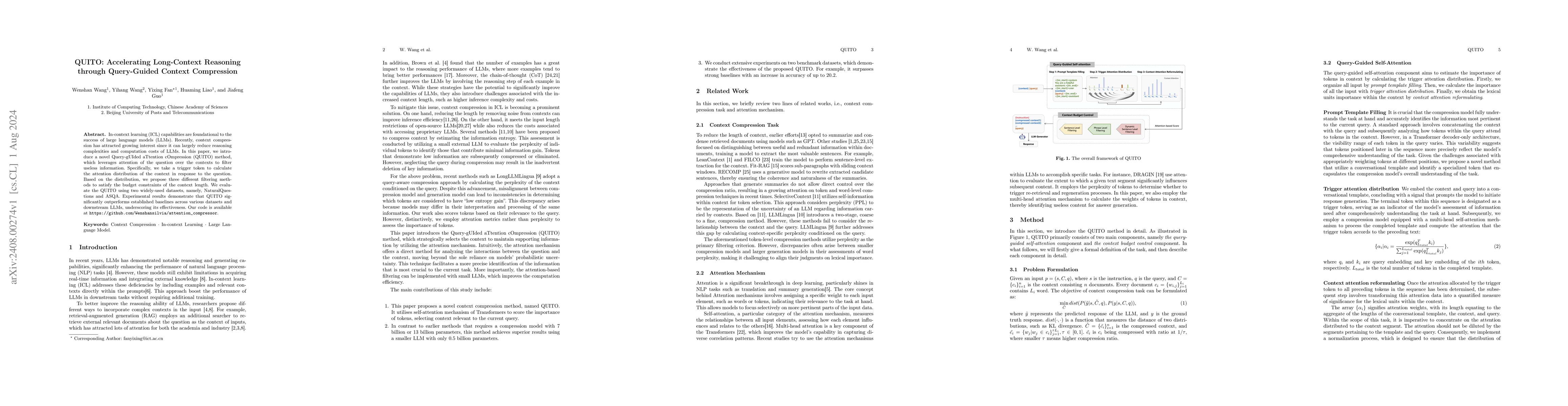 Thumbnail for QUITO: Accelerating Long-Context Reasoning through Query-Guided Context
  Compression