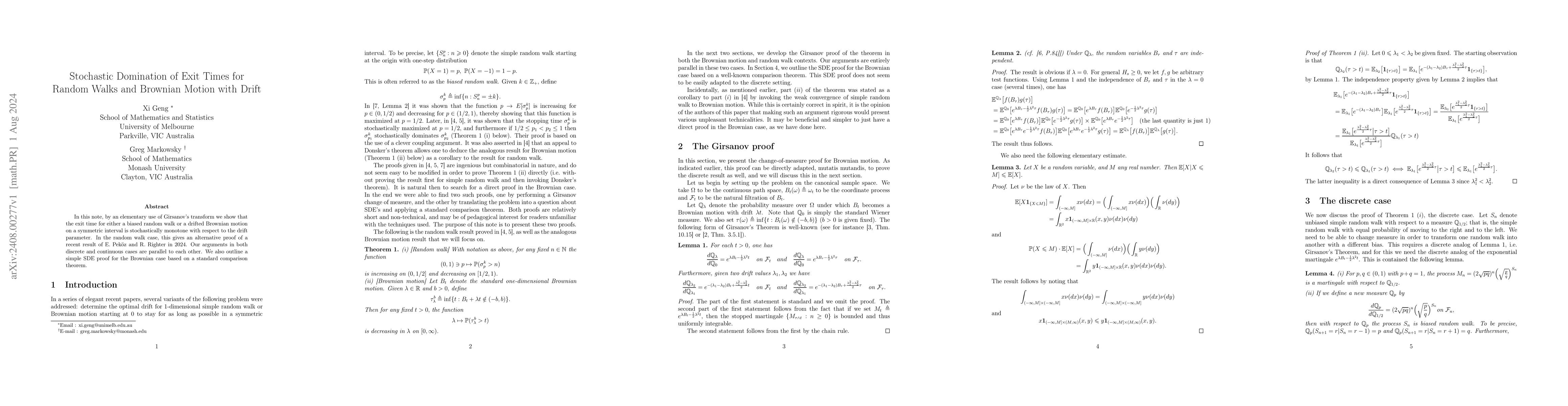 Thumbnail for Stochastic Domination of Exit Times for Random Walks and Brownian Motion
  with Drift
