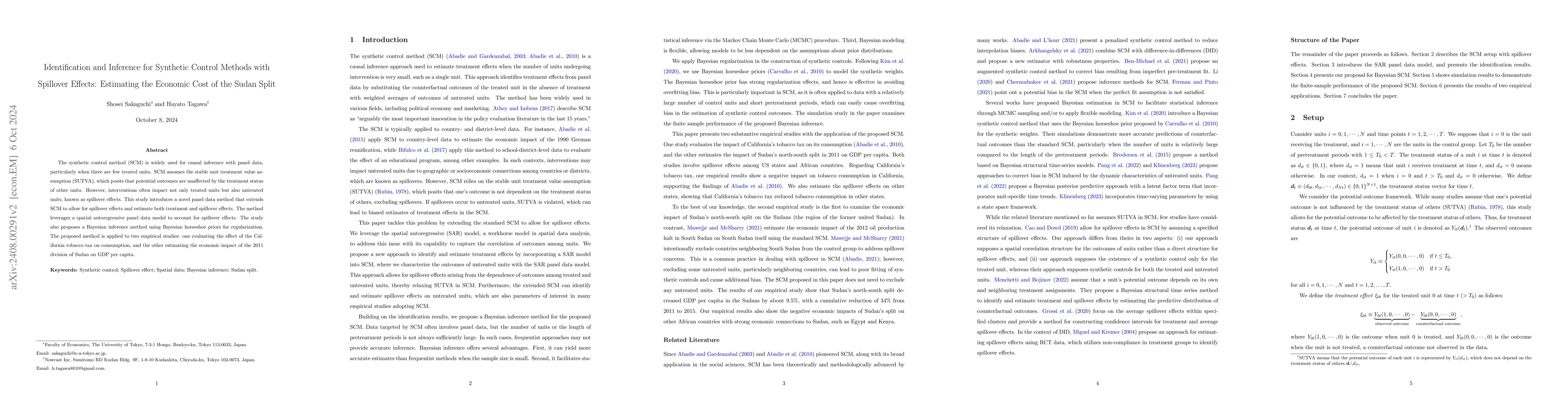 Thumbnail for Identification and Inference for Synthetic Control Methods with
  Spillover Effects: Estimating the Economic Cost of the Sudan Split