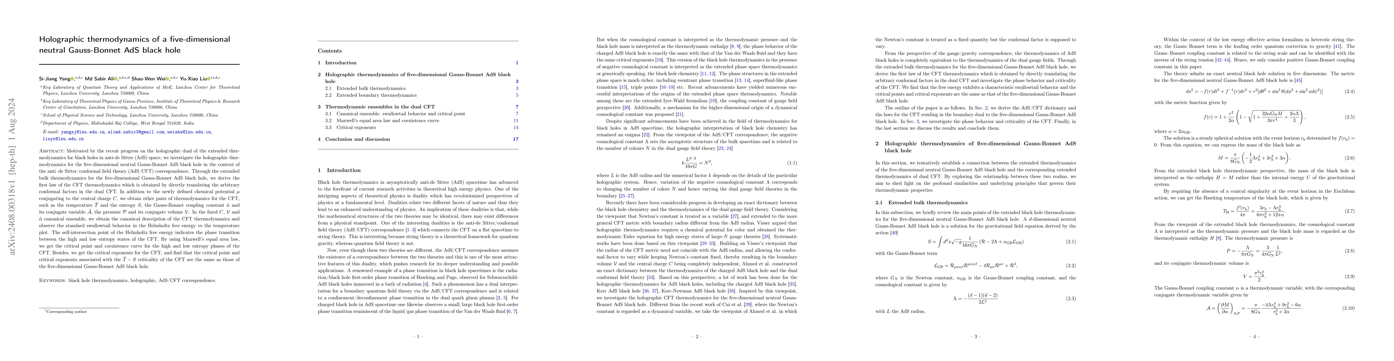 Thumbnail for Holographic thermodynamics of a five-dimensional neutral Gauss-Bonnet
  AdS black hole
