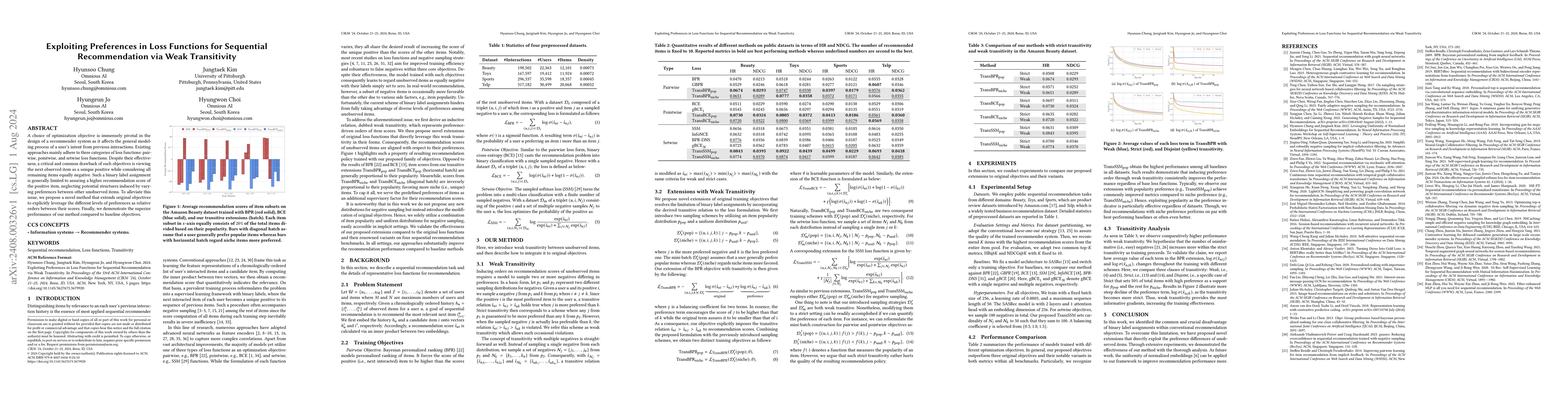 Thumbnail for Exploiting Preferences in Loss Functions for Sequential Recommendation
  via Weak Transitivity