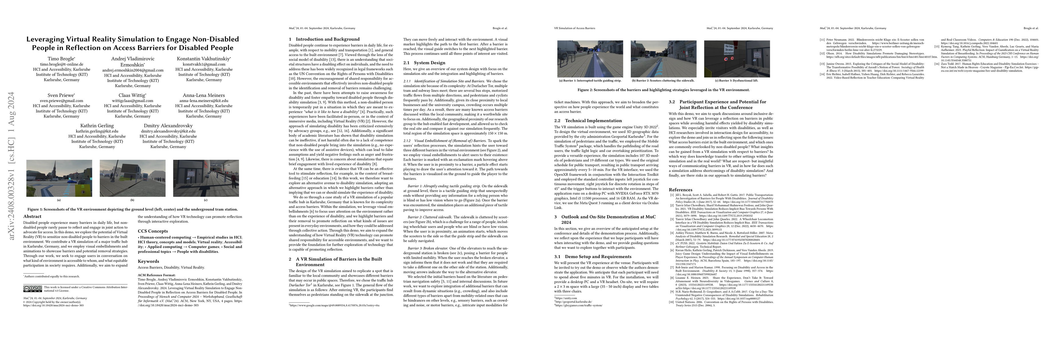 Thumbnail for Leveraging Virtual Reality Simulation to Engage Non-Disabled People in
  Reflection on Access Barriers for Disabled People