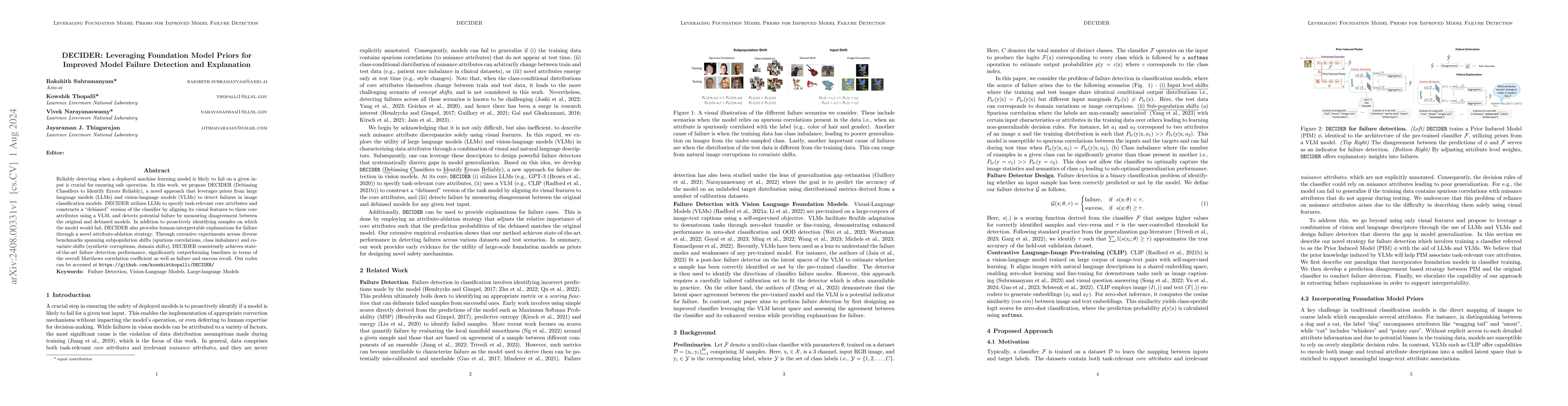 Thumbnail for DECIDER: Leveraging Foundation Model Priors for Improved Model Failure
  Detection and Explanation