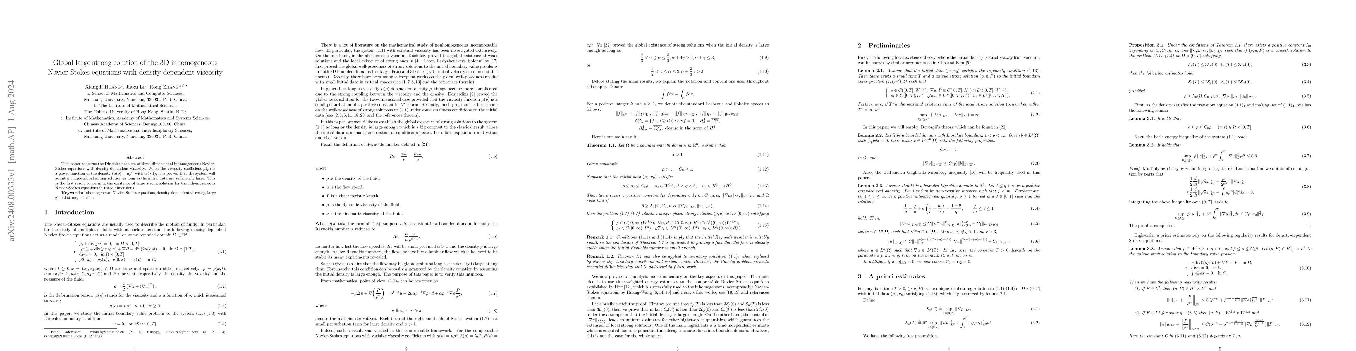 Thumbnail for Global large strong solution of the 3D inhomogeneous Navier-Stokes
  equations with density-dependent viscosity