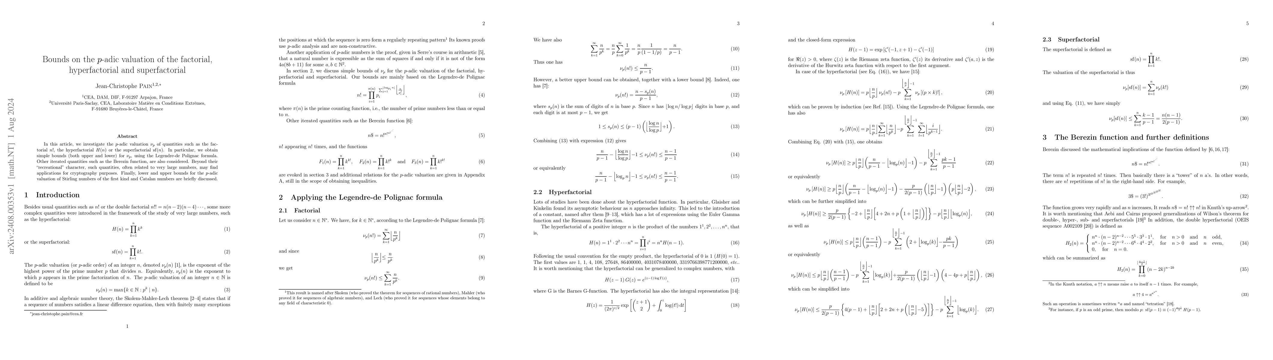 Thumbnail for Bounds on the $p$-adic valuation of the factorial, hyperfactorial and
  superfactorial