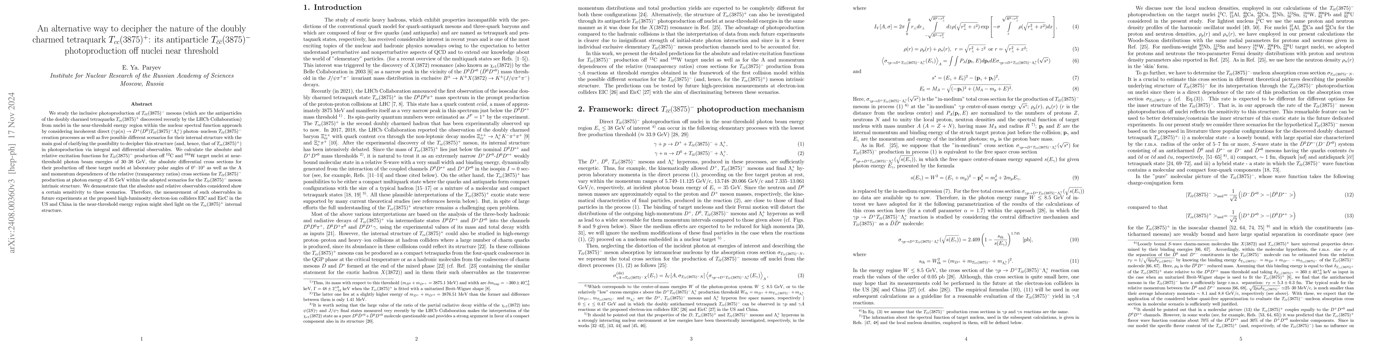 Thumbnail for An alternative way to decipher the nature of the doubly charmed
  tetraquark $T_{cc}(3875)^+$: its antiparticle $T_{{\bar c}{\bar c}}(3875)^-$
  photoproduction off nuclei near threshold