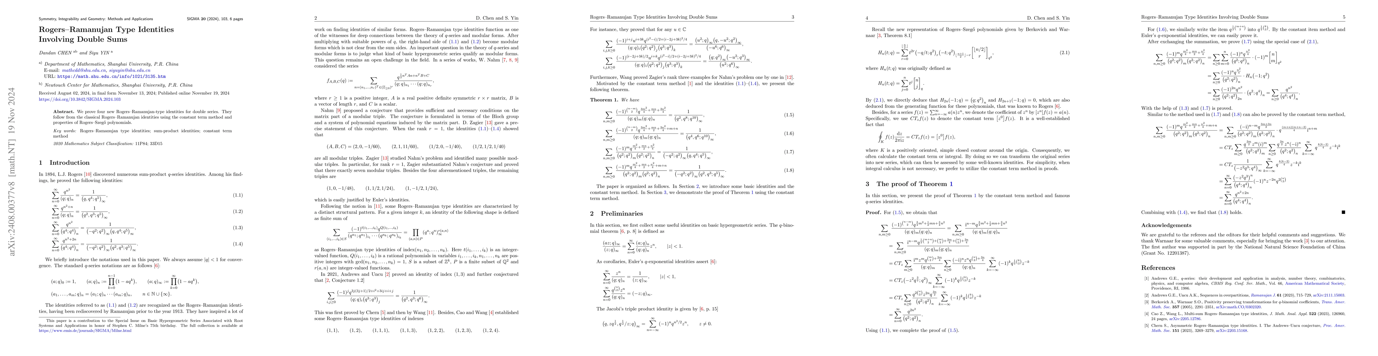 Thumbnail for Rogers-Ramanujan Type Identities Involving Double Sums