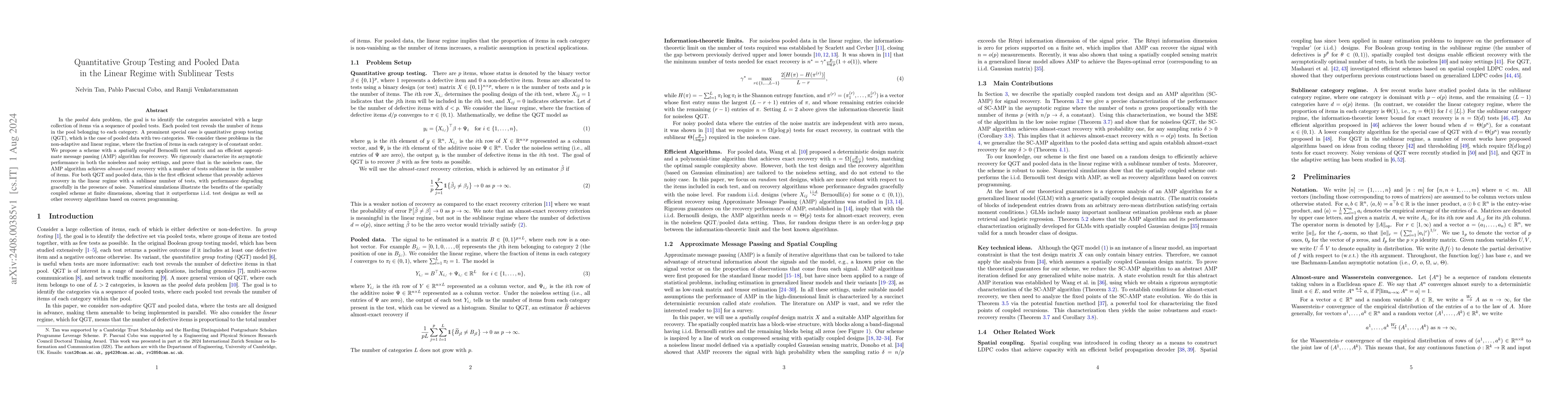 Thumbnail for Quantitative Group Testing and Pooled Data in the Linear Regime with
  Sublinear Tests