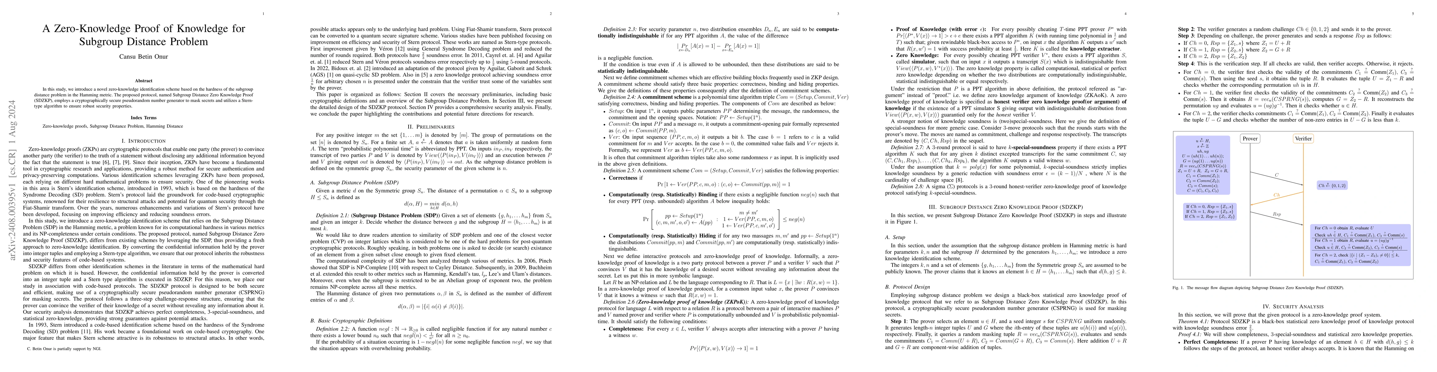 Thumbnail for A Zero-Knowledge Proof of Knowledge for Subgroup Distance Problem