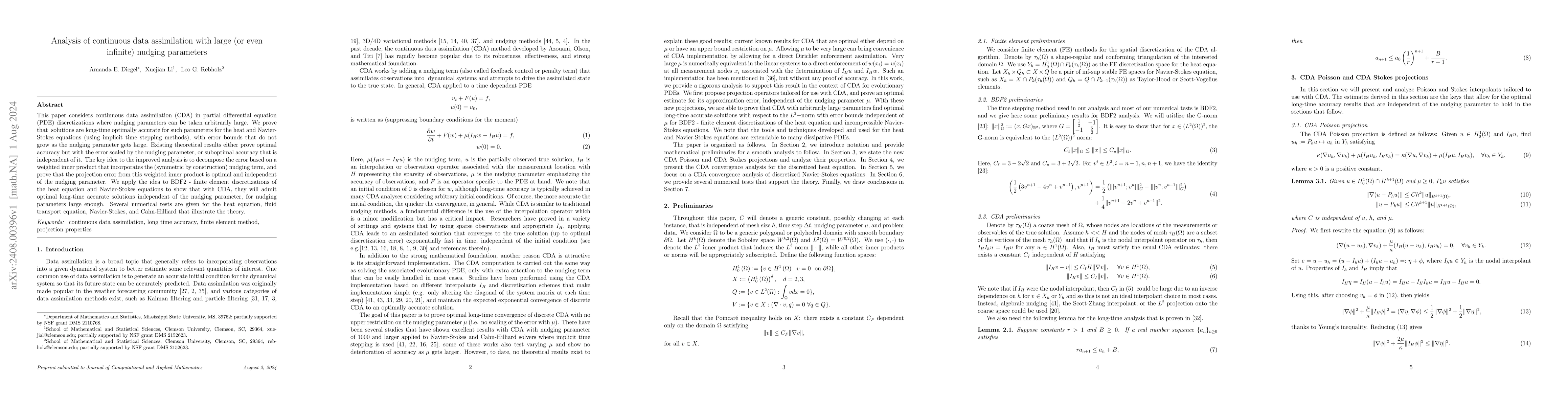 Thumbnail for Analysis of continuous data assimilation with large (or even infinite)
  nudging parameters