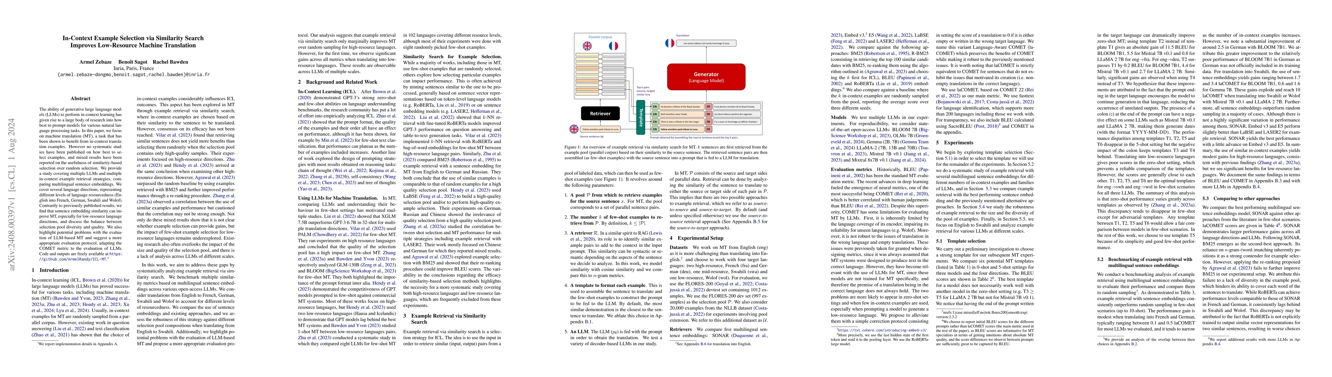 Thumbnail for In-Context Example Selection via Similarity Search Improves Low-Resource
  Machine Translation
