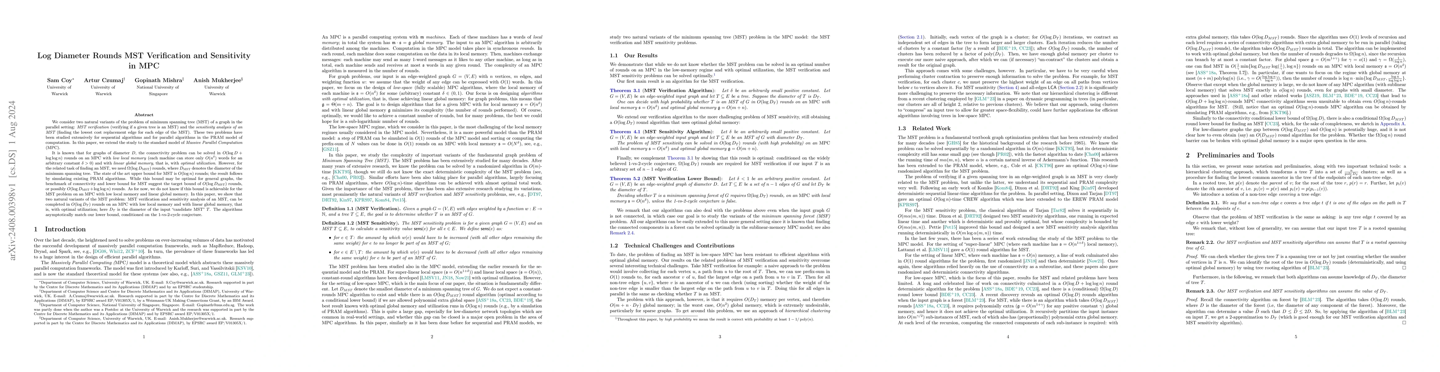Thumbnail for Log Diameter Rounds MST Verification and Sensitivity in MPC