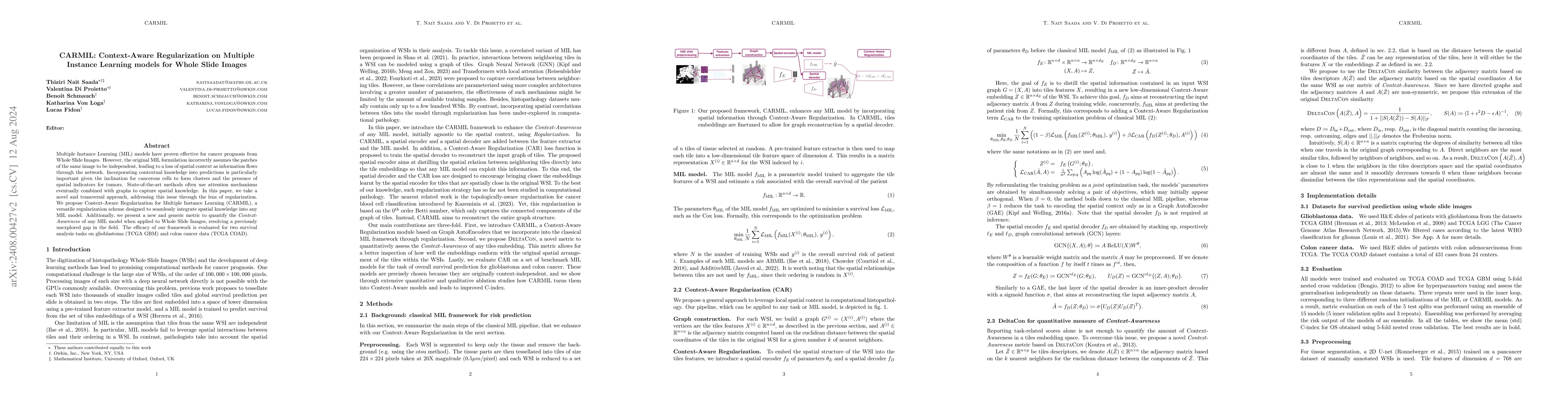 Thumbnail for CARMIL: Context-Aware Regularization on Multiple Instance Learning
  models for Whole Slide Images