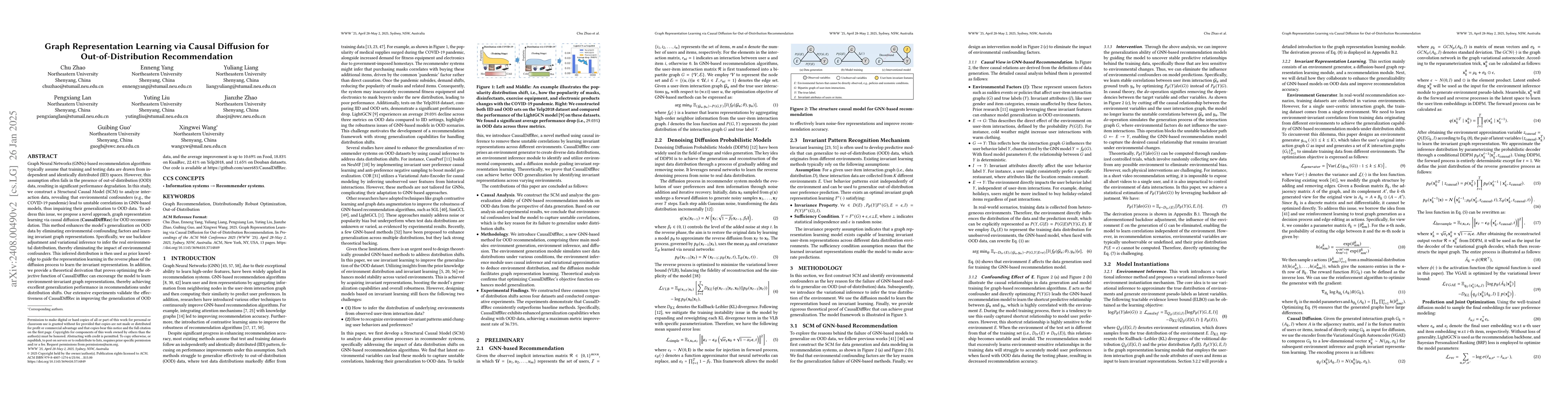 Thumbnail for Graph Representation Learning via Causal Diffusion for
  Out-of-Distribution Recommendation