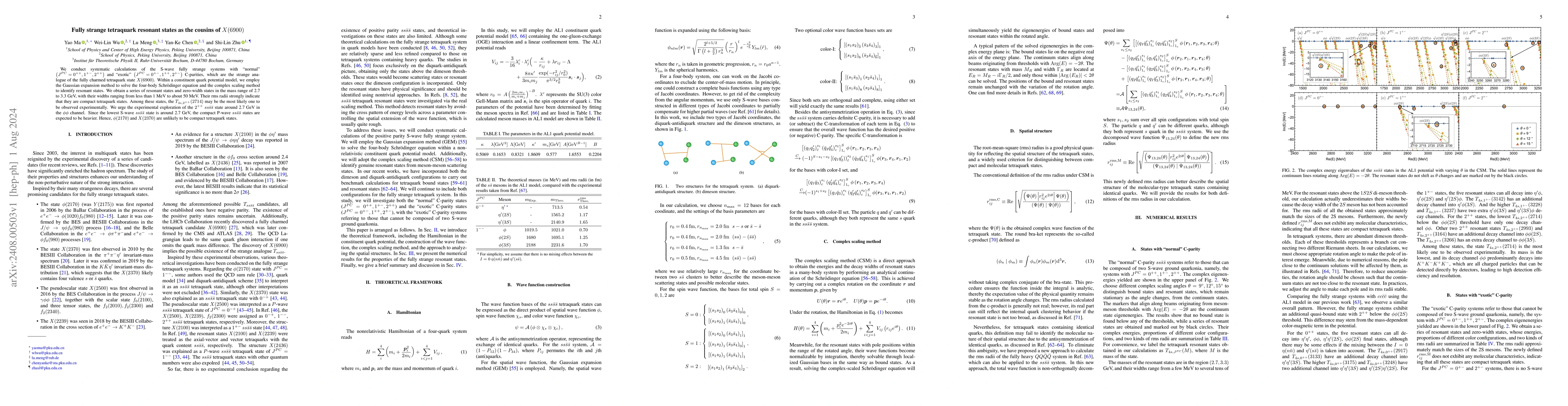 Thumbnail for Fully strange tetraquark resonant states as the cousins of $X(6900)$