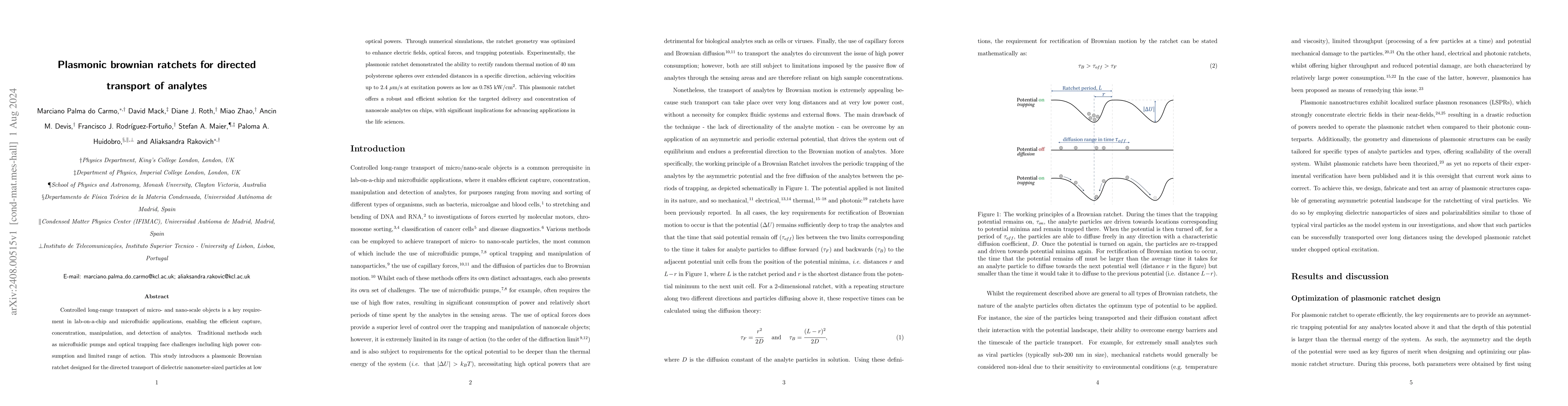 Thumbnail for Plasmonic Brownian Ratchets for Directed Transport of Analytes