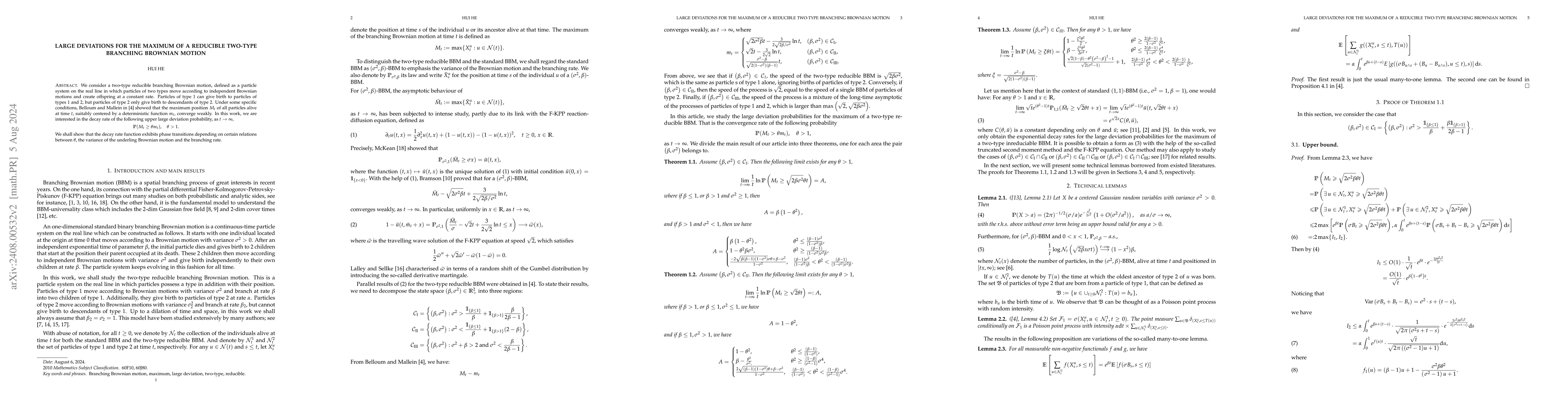 Thumbnail for Large deviations for the maximum of a reducible two-type branching
  Brownian motion