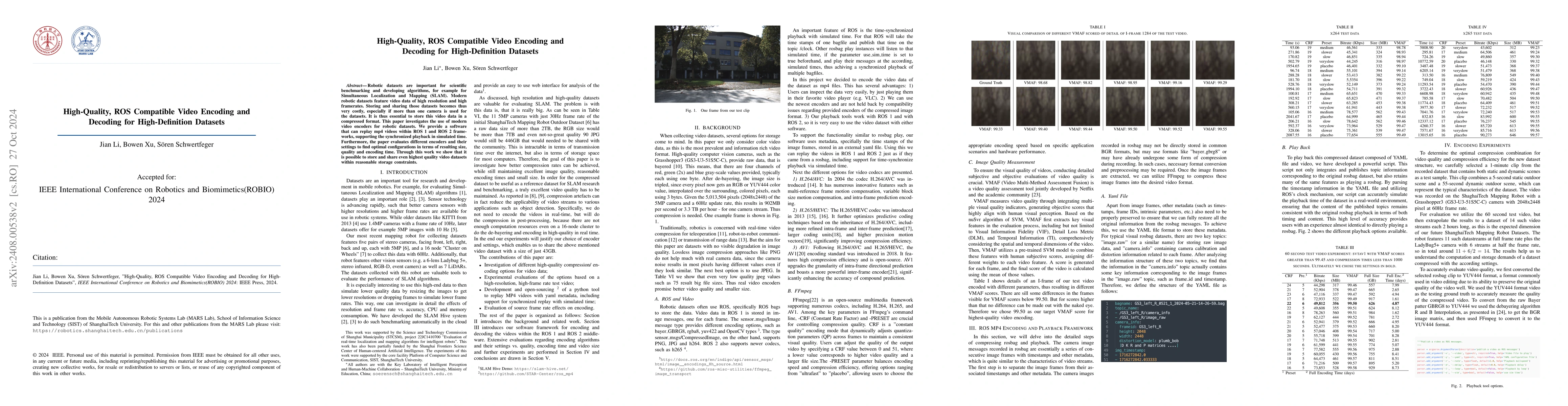 Thumbnail for High-Quality, ROS Compatible Video Encoding and Decoding for
  High-Definition Datasets