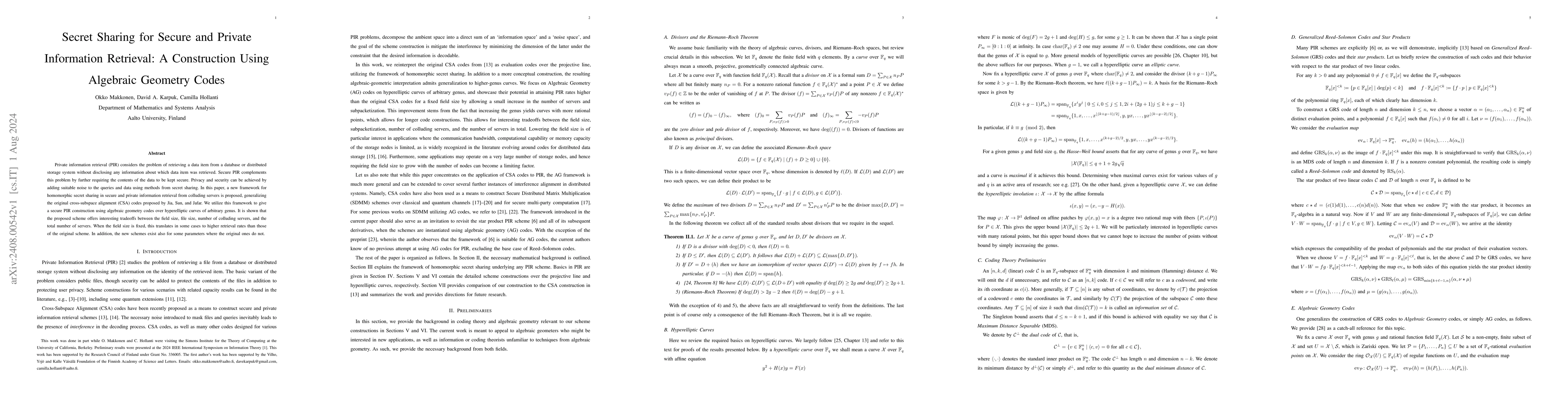 Thumbnail for Secret Sharing for Secure and Private Information Retrieval: A
  Construction Using Algebraic Geometry Codes