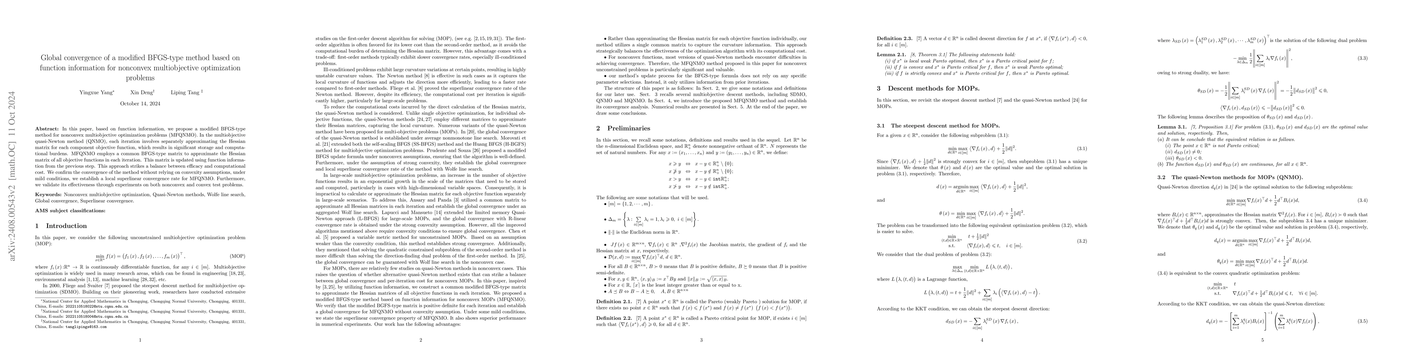 Thumbnail for Global convergence of a modified BFGS-type method based on function
  information for nonconvex multiobjective optimization problems