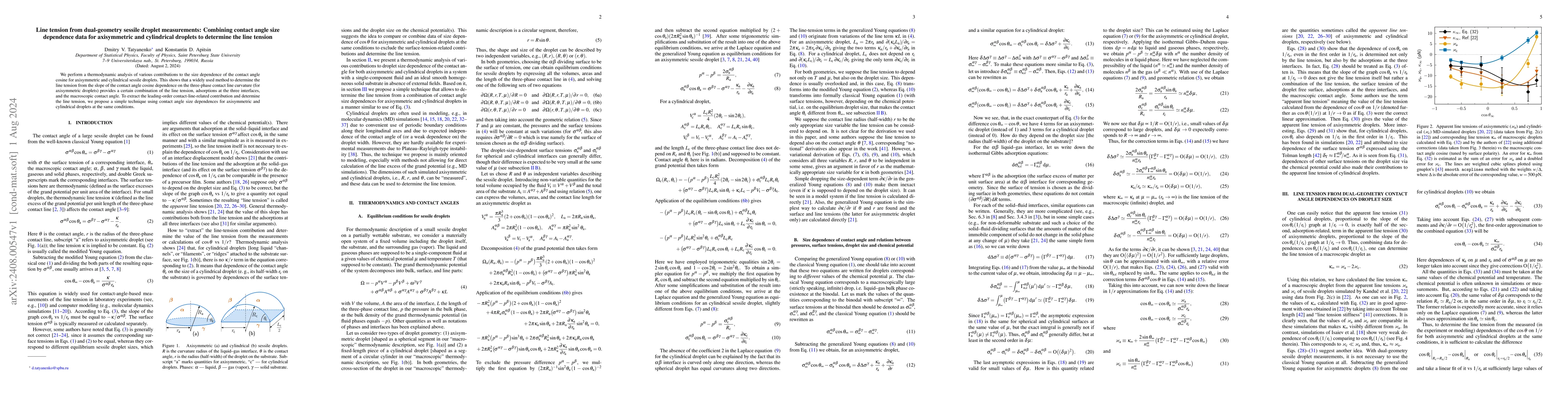 Thumbnail for Line tension from dual-geometry sessile droplet measurements: Combining
  contact angle size dependence data for axisymmetric and cylindrical droplets
  to determine the line tension