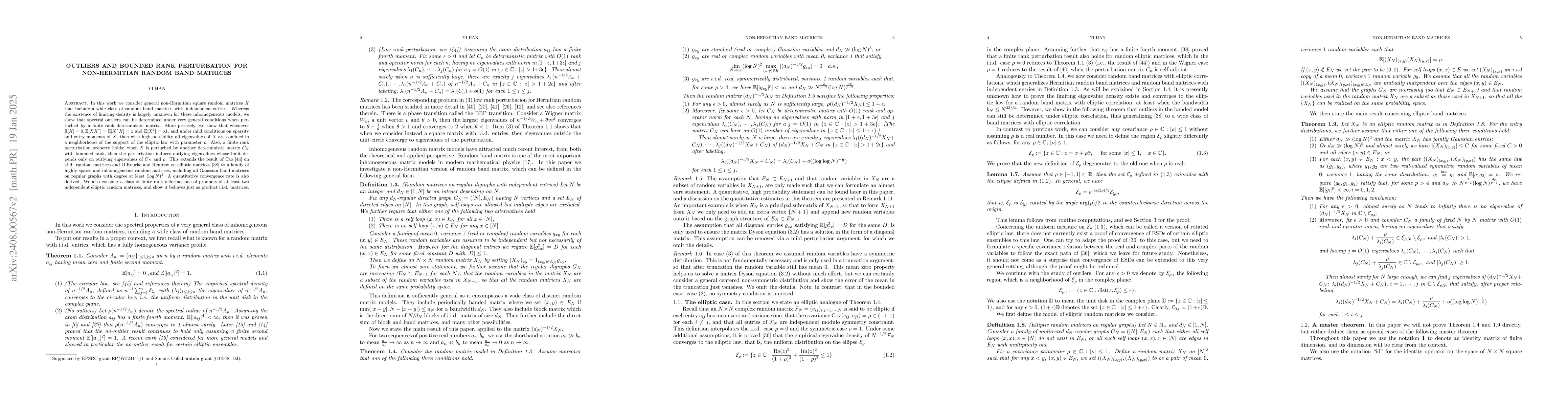 Thumbnail for Outliers and bounded rank perturbation for non-Hermitian random band
  matrices
