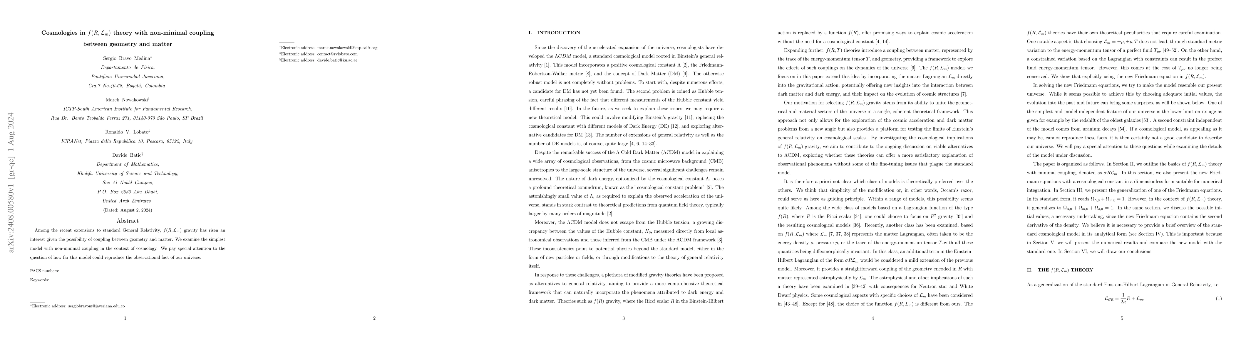 Thumbnail for Cosmologies in $f(R,\mathcal{L}_m)$ theory with non-minimal coupling
  between geometry and matter