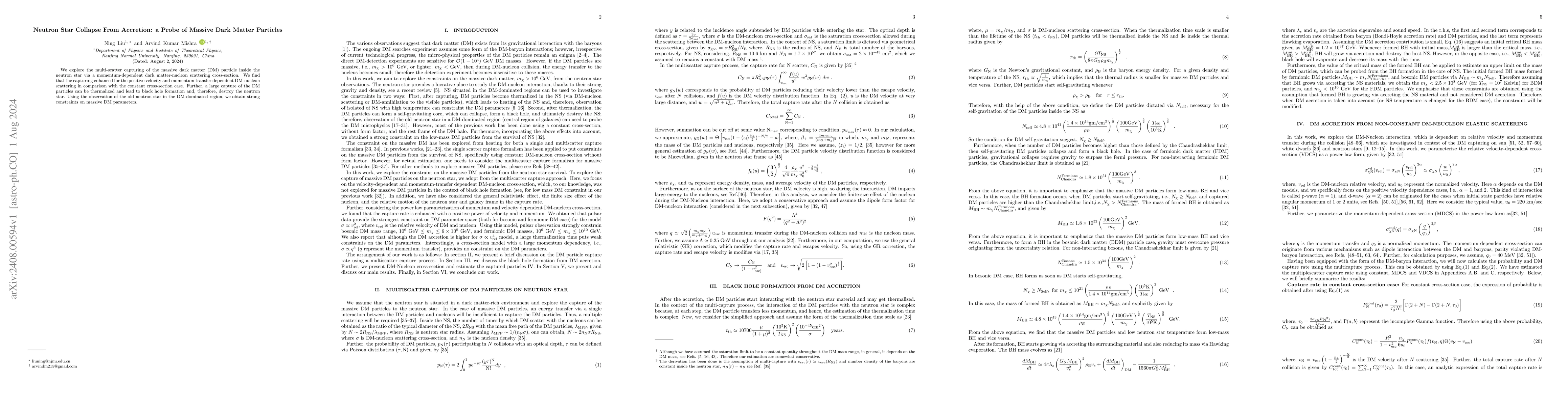 Thumbnail for Neutron Star Collapse From Accretion: a Probe of Massive Dark Matter
  Particles
