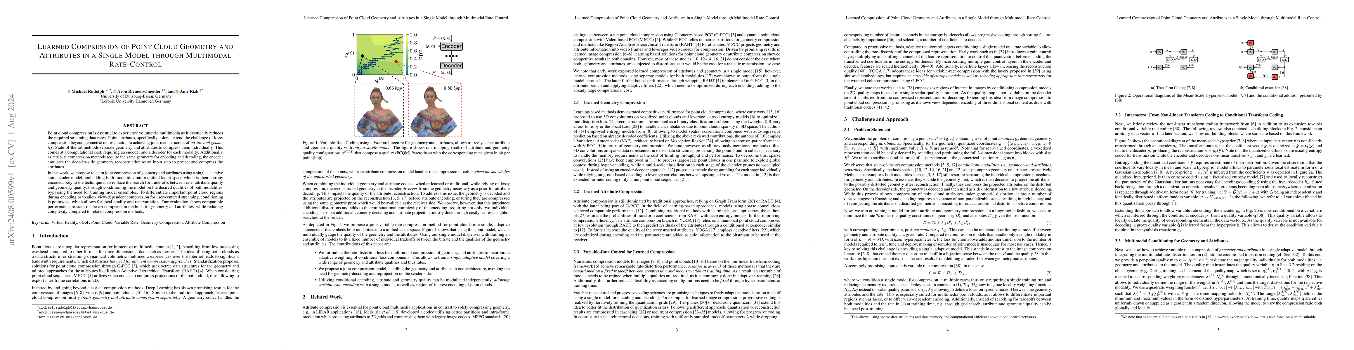 Thumbnail for Learned Compression of Point Cloud Geometry and Attributes in a Single
  Model through Multimodal Rate-Control