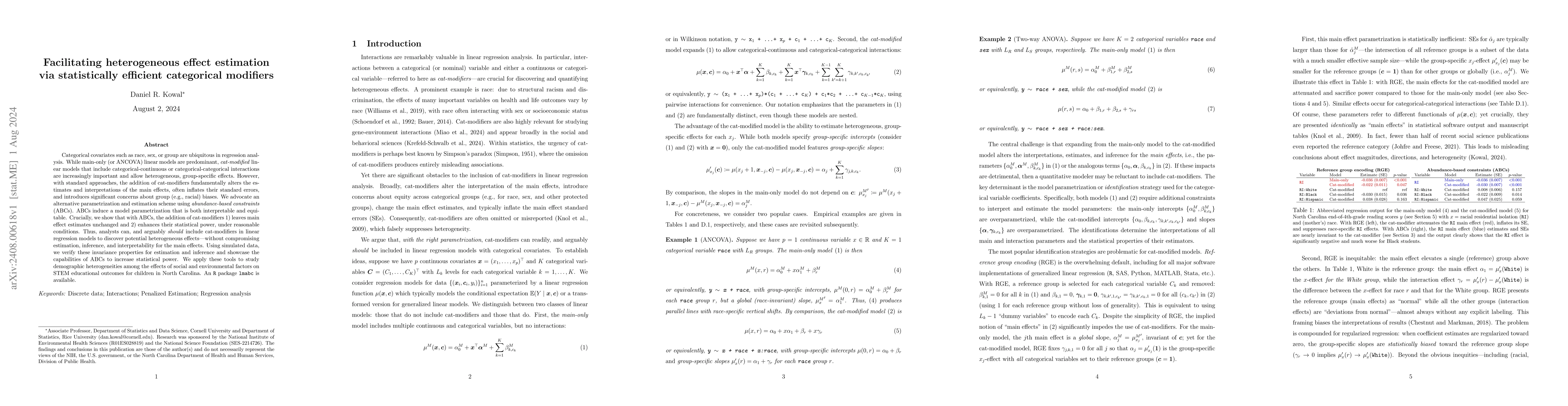 Thumbnail for Facilitating heterogeneous effect estimation via statistically efficient
  categorical modifiers