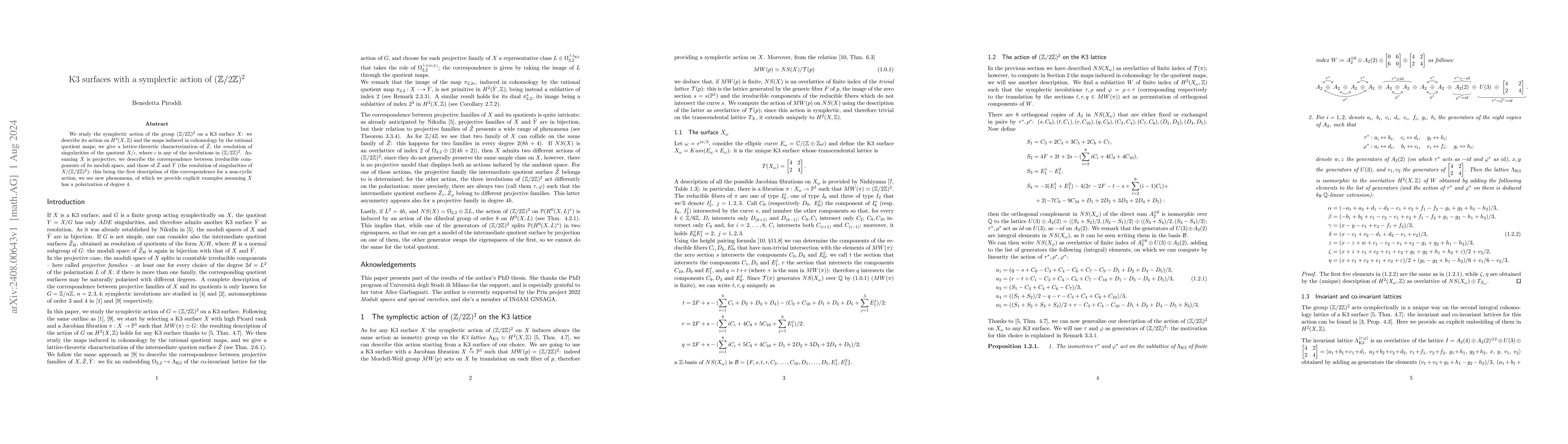 Thumbnail for K3 surfaces with a symplectic action of $(\mathbb Z/2\mathbb Z)^2$