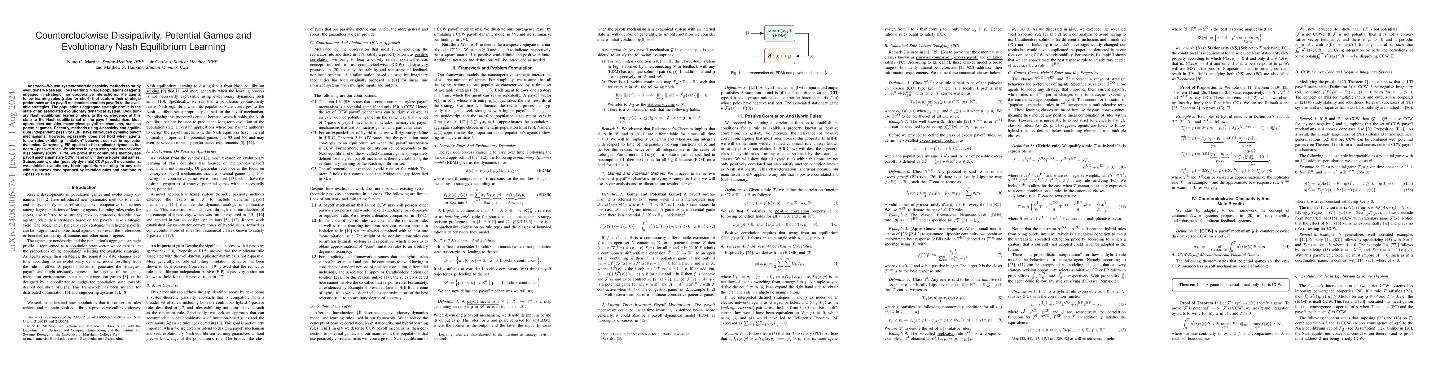 Thumbnail for Counterclockwise Dissipativity, Potential Games and Evolutionary Nash
  Equilibrium Learning
