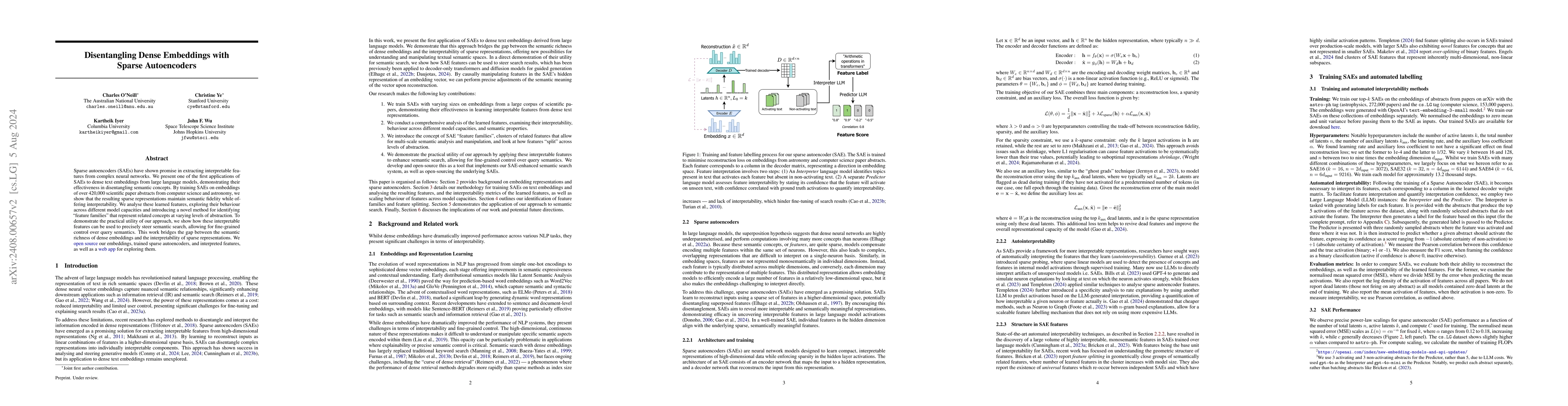 Thumbnail for Disentangling Dense Embeddings with Sparse Autoencoders