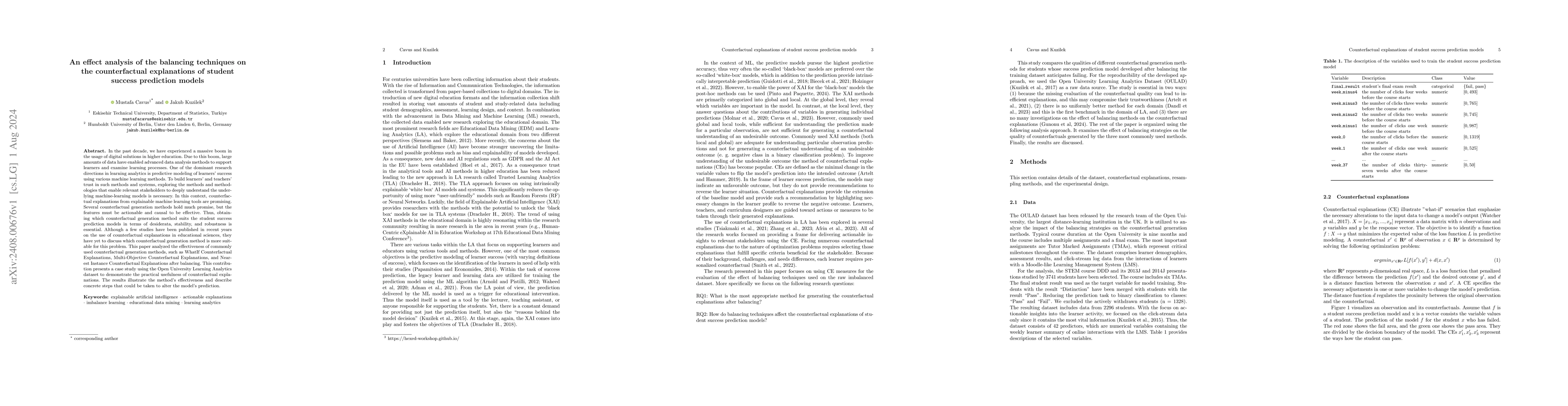 Thumbnail for An effect analysis of the balancing techniques on the counterfactual
  explanations of student success prediction models