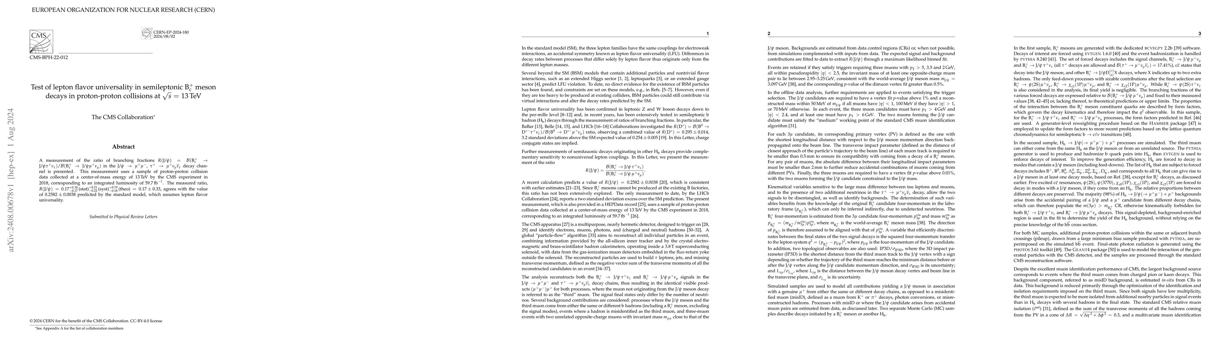 Thumbnail for Test of lepton flavor universality in semileptonic B$^+_\text{c}$ meson
  decays in proton-proton collisions at $\sqrt{s}$ = 13 TeV