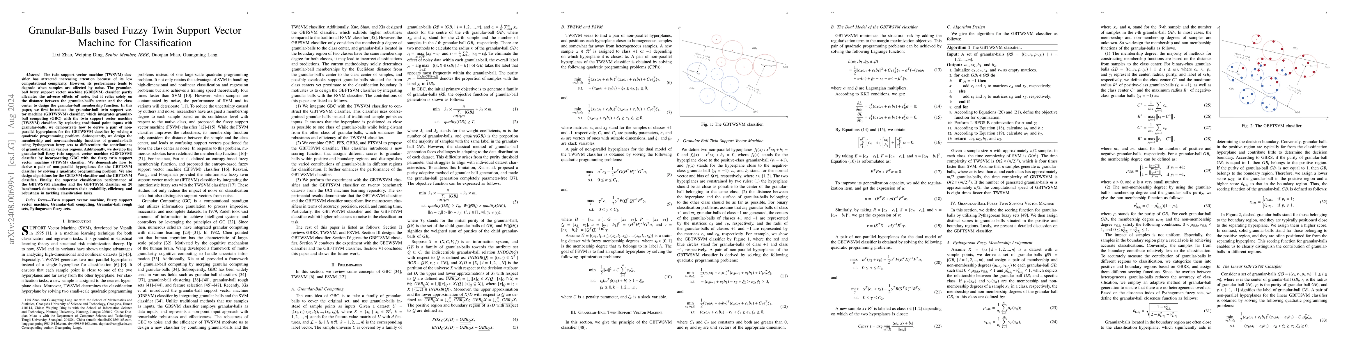 Thumbnail for Granular-Balls based Fuzzy Twin Support Vector Machine for
  Classification