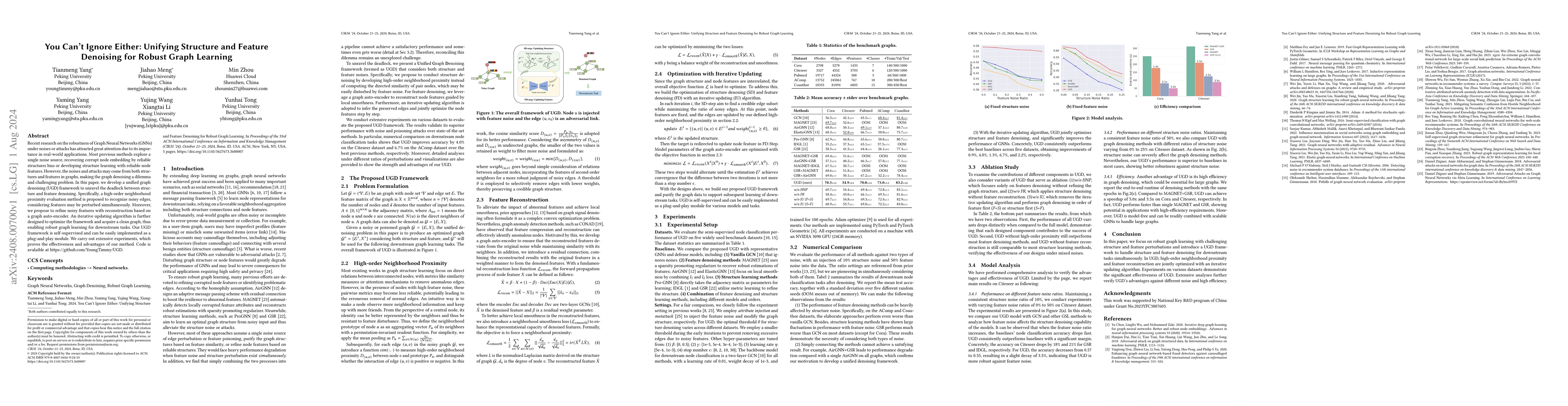 Thumbnail for You Can't Ignore Either: Unifying Structure and Feature Denoising for
  Robust Graph Learning