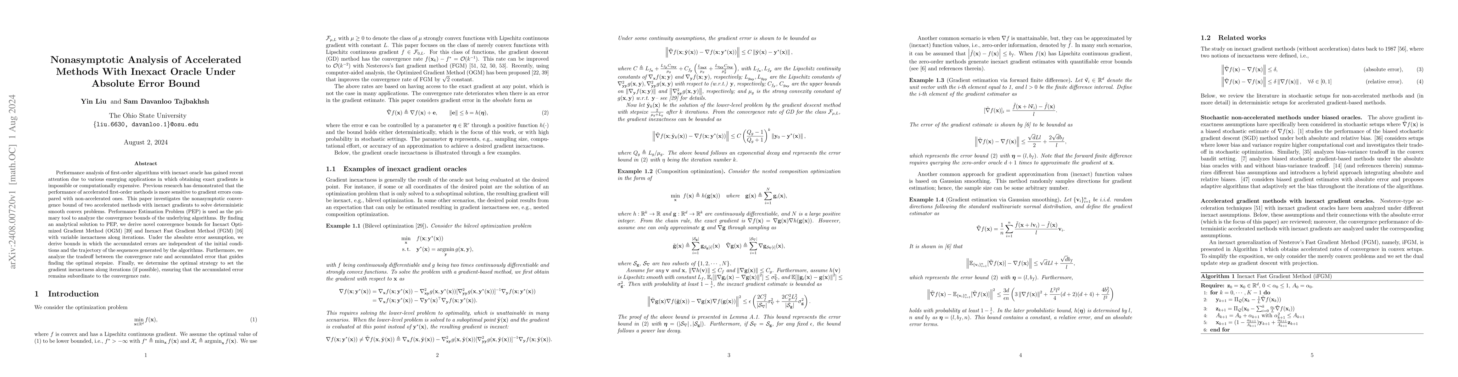 Thumbnail for Nonasymptotic Analysis of Accelerated Methods With Inexact Oracle Under
  Absolute Error Bound