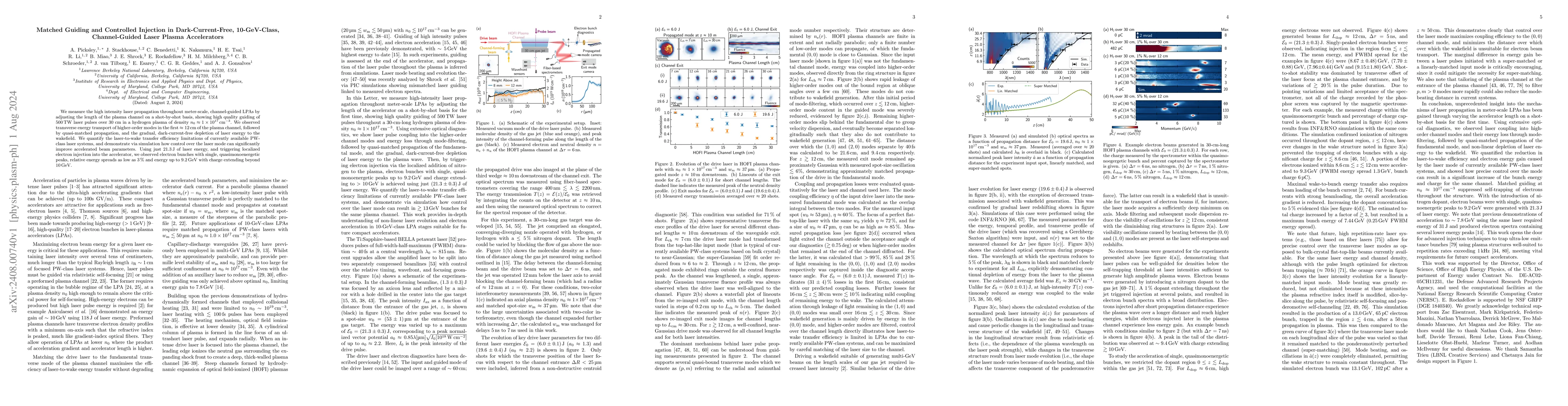 Thumbnail for Matched Guiding and Controlled Injection in Dark-Current-Free,
  10-GeV-Class, Channel-Guided Laser Plasma Accelerators