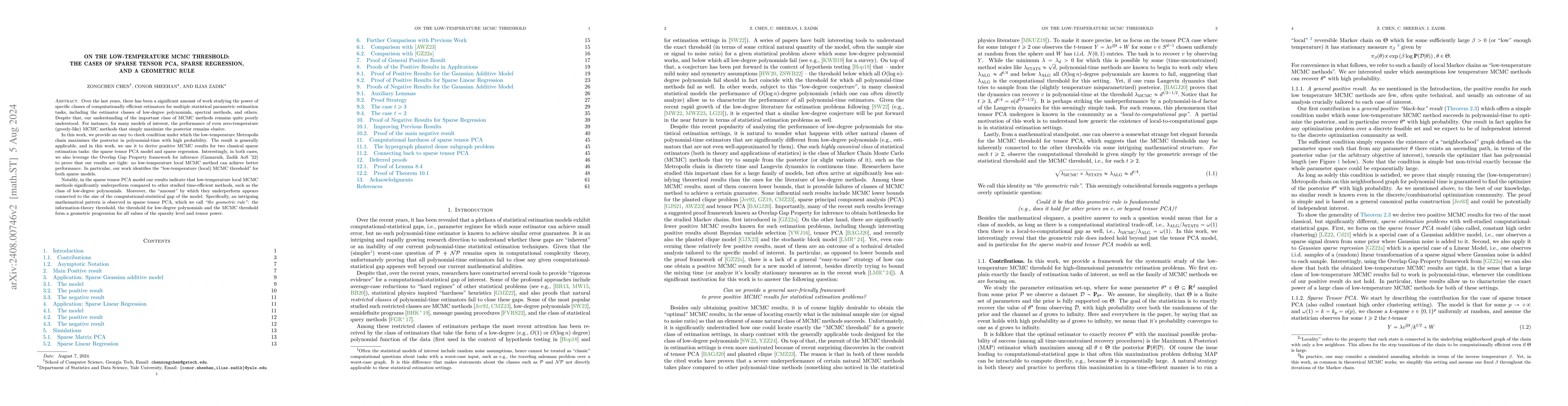Thumbnail for On the Low-Temperature MCMC threshold: the cases of sparse tensor PCA,
  sparse regression, and a geometric rule