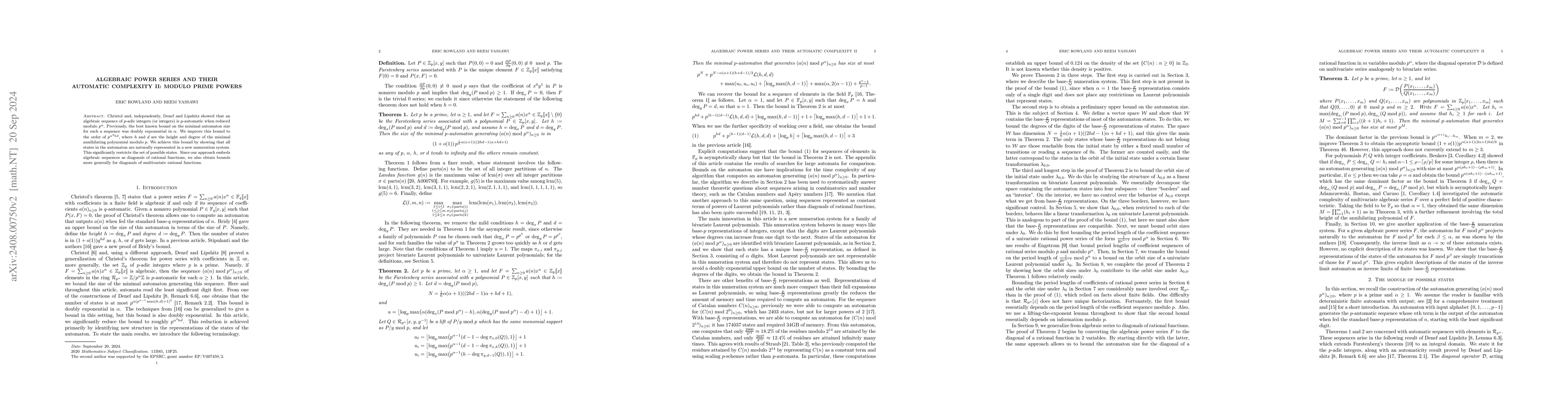 Thumbnail for Algebraic power series and their automatic complexity II: modulo prime
  powers