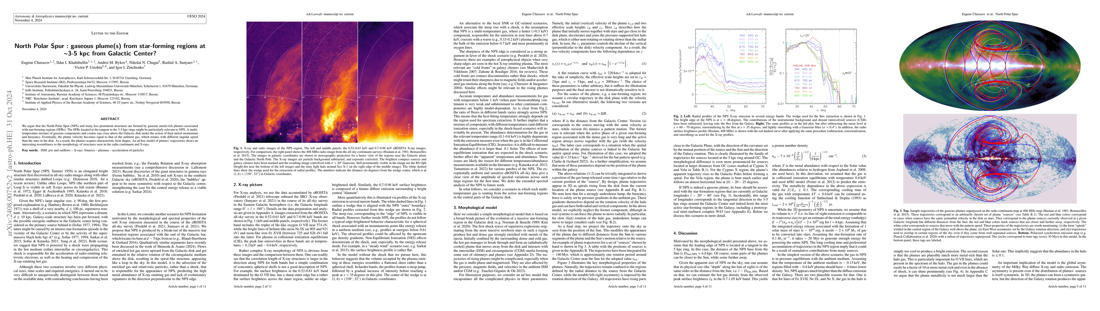 Thumbnail for North Polar Spur: gaseous plume(s) from star-forming regions at
  $\sim$3-5 kpc from Galactic Center?