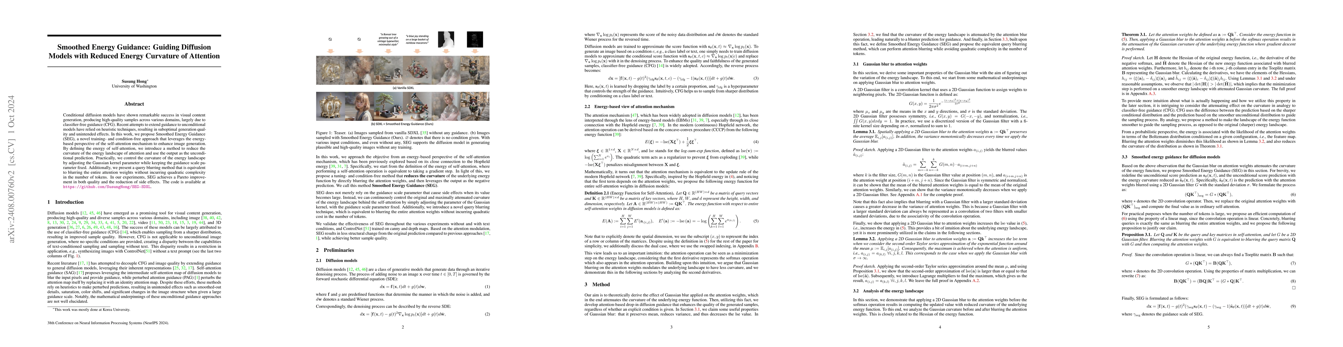 Thumbnail for Smoothed Energy Guidance: Guiding Diffusion Models with Reduced Energy
  Curvature of Attention