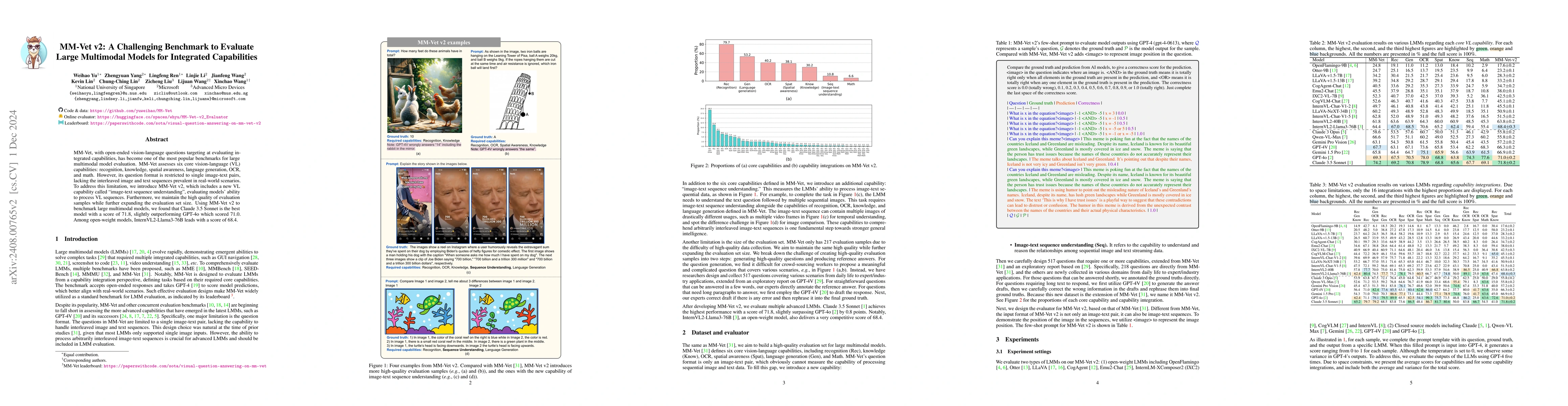 Thumbnail for MM-Vet v2: A Challenging Benchmark to Evaluate Large Multimodal Models
  for Integrated Capabilities