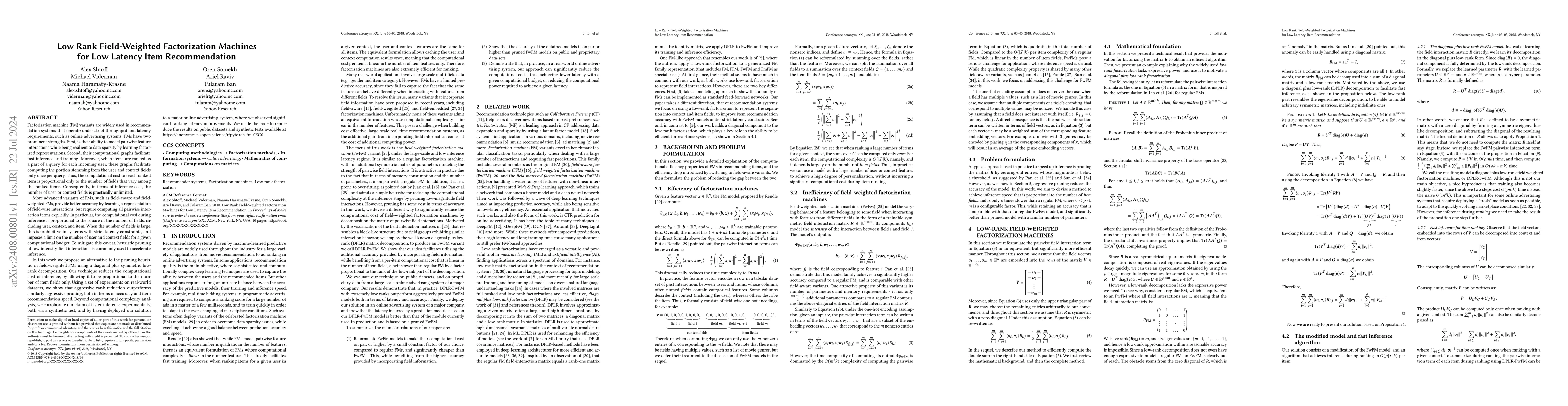 Thumbnail for Low Rank Field-Weighted Factorization Machines for Low Latency Item
  Recommendation