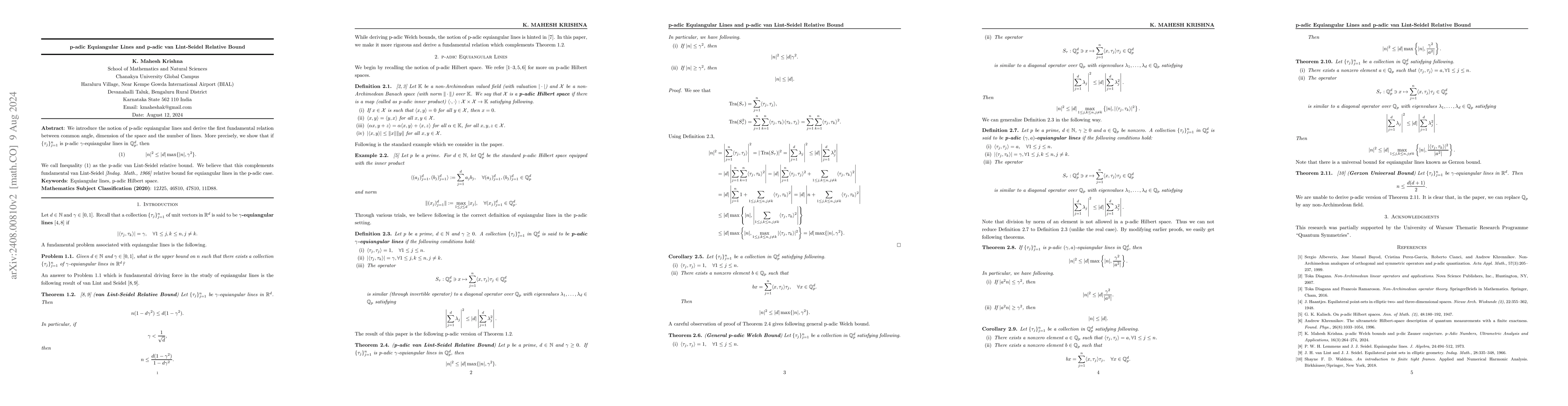 Thumbnail for p-adic Equiangular Lines and p-adic van Lint-Seidel Relative Bound