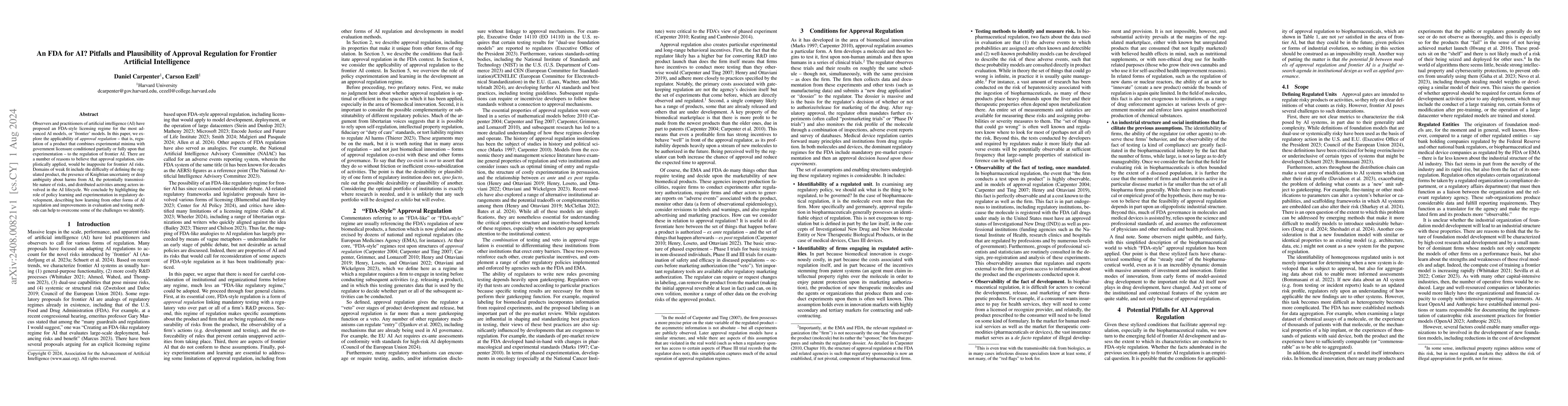 Thumbnail for An FDA for AI? Pitfalls and Plausibility of Approval Regulation for
  Frontier Artificial Intelligence