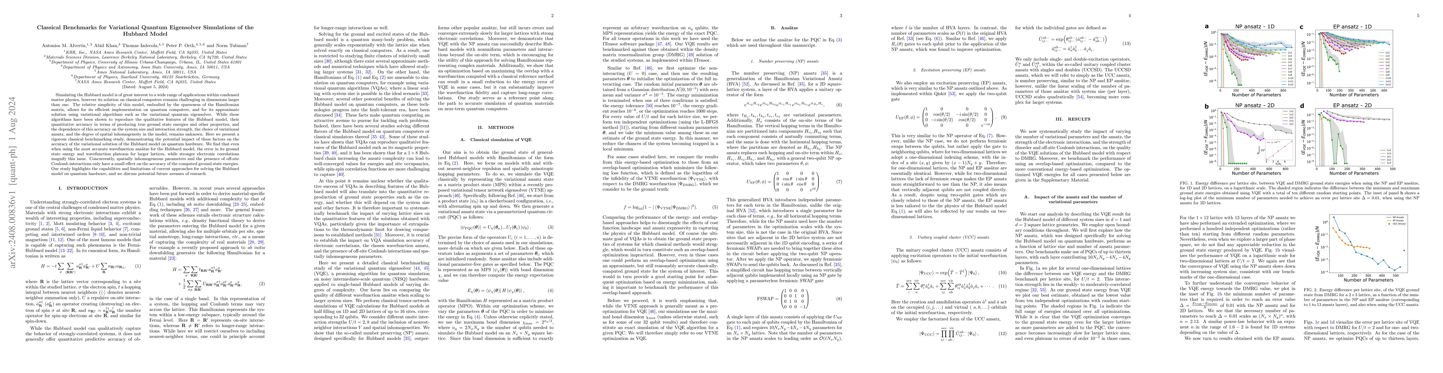 Thumbnail for Classical Benchmarks for Variational Quantum Eigensolver Simulations of
  the Hubbard Model